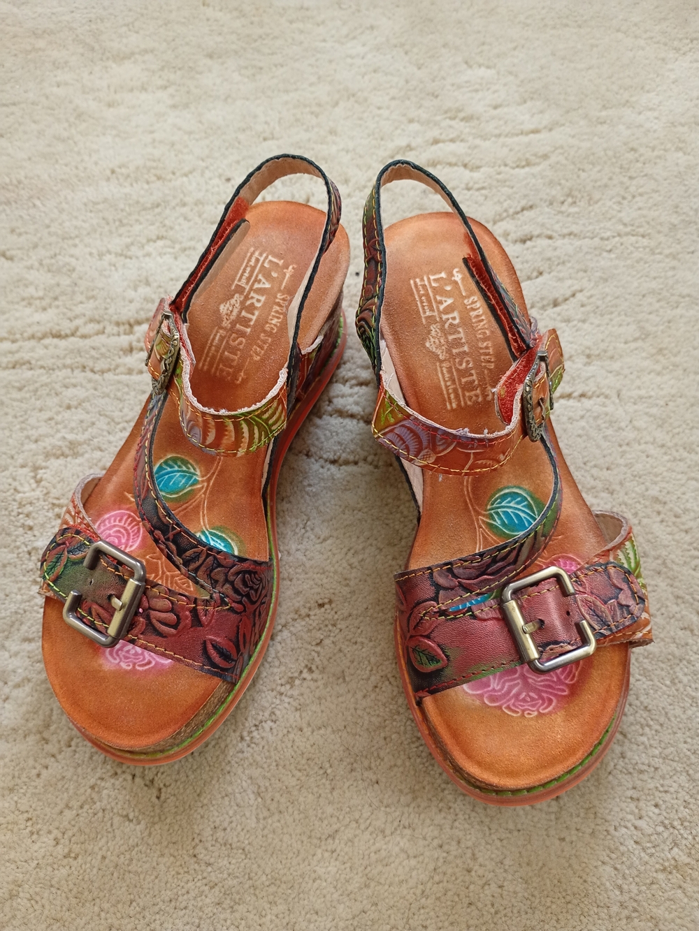 Spring Step Multicolor Floral Leather Slingback Sandals - Orange, Green, Blue